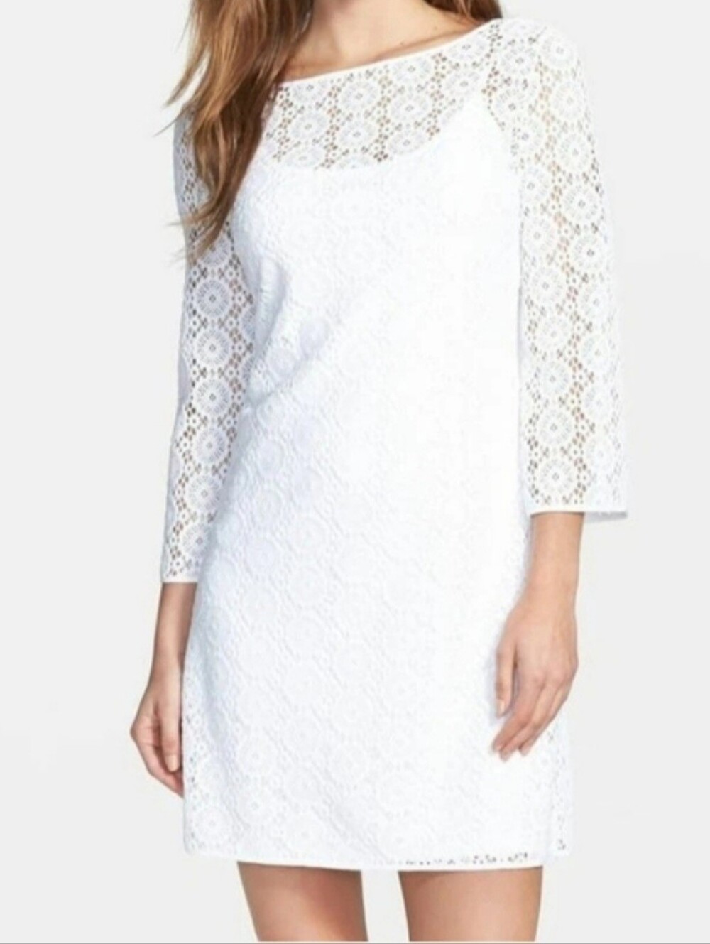 Lilly Pulitzer White Topanga Dress Size XL Lace Overlay Sheath 3/4 Sleeves Mini